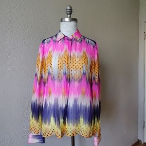 Anthropologie Leifsdottir Silk Blouse Ikat-like Pattern Button Front Sheer